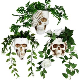 RimCereal 3pcs Halloween Skull Wall Planter Resin Skeleton Gothic Hanging Planter Pot White Unique Spooky Head Face Flower Pot for Indoor Outdoor Plants Home Garden Party Office Decorations(White)