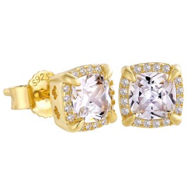 KRKC&CO Iced Out Stud Silver Earrings, Mens Earrings S925 Sterling Silver, Round/Square 5A CZ Stones 14K Gold Plated, Hypoallergenic Hip Hop Street-wear Rapper Earring for Men and Women(Iced Square-14K Gold)