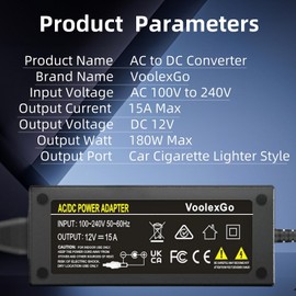 VoolexGo VoolexGo 180W AC to DC Converter, 110V-240V to 12V/15A, Cigarette Lighter Socket AC/DC Adapter Power Supply for Car Inflator,Car Refrigerator,Car Vacuum, 7.2FT