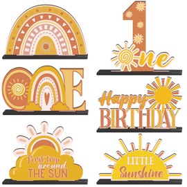 Suzile 6 Pcs Sunshine Party Favor Rainbow Boho Sun Party Decorations First Trip Around the Sun Centerpiece 1st Birthday Sun One Letter Sign Daisy Bohemian Wooden Centerpiece for Table Kids Baby Shower