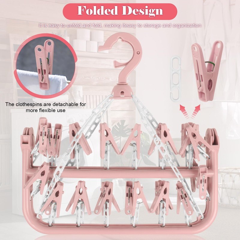 DDhayyp Clothes Drying Hanger with 32 Clips, Foldable Design Multi-Functional