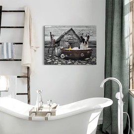 Boston Terrier in Bathtub Wall Art Funny Dog Pictures Wall Decor Farmhouse Bathroom Decor Painting for Bathroom Prints Black and White Artwork Framed 12"x16"