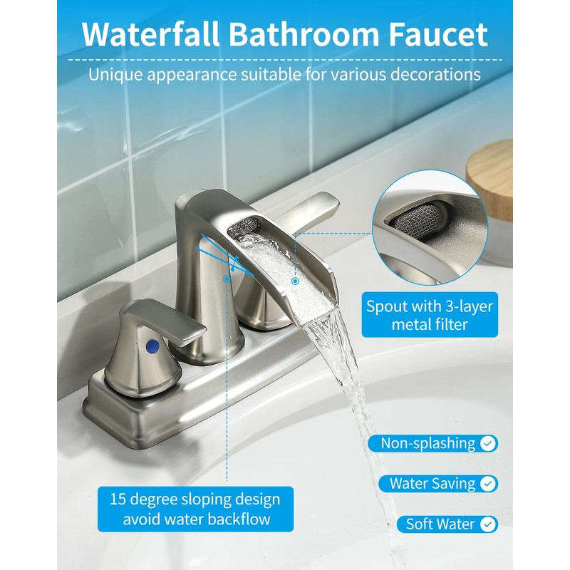 Fapully Bathroom Faucet, Waterfall Bathroom Sink Faucet Widespread, 4 Inch