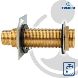 tecuro Wall Feed-Through Brass G 1/2 x G 3/4 Inch x 65 mm for Wall Thicknesses up to 34 mm, According to Drinking Water Regulation 50930-6, with Claw Plate, Brass