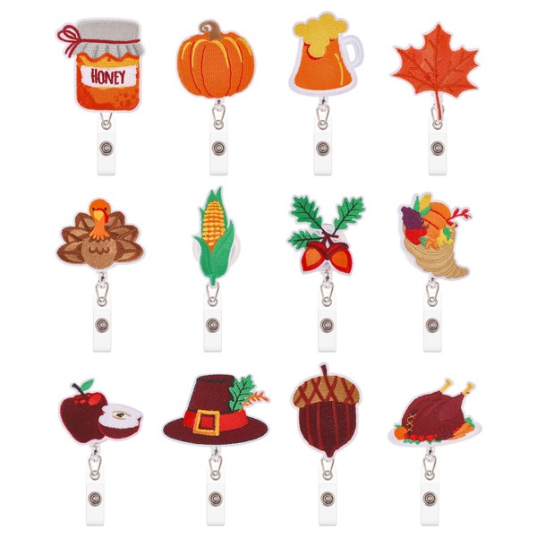 beinkmake 12Pcs Fall Thanksgiving Badge Reels Retractable with Alligator Clip