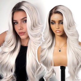 KOME Platinum Blonde Synthetic Lace Front Wig,13x4 HD Lace Layered Wave Glueless Wigs for Women Daily Use 26IN