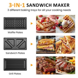 Sunvivi 3 in 1 Electric Sandwich Maker, Panini Press Grill and Waffle Iron Set, Grill and Sandwich Press with Removable Non-Stick Plates, Indicator Lights & Cool Touch Handle, 750W, Black