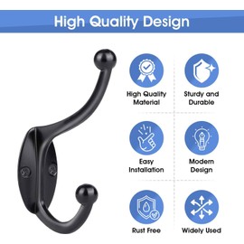 GlazieVault Black Coat Hooks for Wall - (Black Hooks Pack 10) Zinc Alloy Coat Hooks(10 Pack) - Heavy Duty Coat Hooks Wall Mounted - Premium Design Rust Free Door Hooks for Hanging