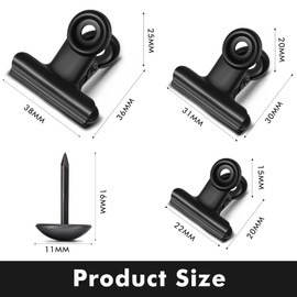 Yexiya 60 Pcs Metal Clips with 60 Push Pins for Corkboard Metal Bulldog Clips Paper File Clamps Small Hinge Clips for Photos Mini Binder Clips for Bulletin Board Cork Board Cubicle, 3 Size(Black)