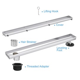 Elefloom Offset Linear Shower Drain, Shower Drain 48 inch with 2-in-1 Tile Insert Cover, Brushed AISI 304 Stainless Steel Side Outlet Shower Floor Drain with Hair Catcher and Adjustable Feet