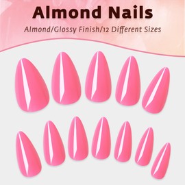 Bellelfin 120Pcs Short Press on Nails Almond Shaped Fake Nails, Glossy Acrylic Hot Pink Nails Press on Full Cover Stick on Nails for Women Girls