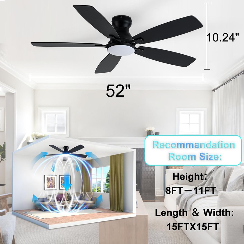 52in Black Ceiling Fan with Light, Flush Mount, Remote APP