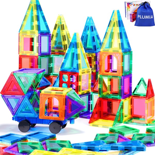PLUMIA Magnetic Tiles for Kids 3D Magnet Building Tiles Set STEM Learning Toys Magnetic Toys Gift for 3+ Year Old Boys and Girls