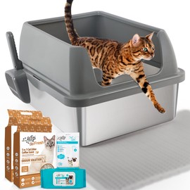 ALL FOR PAWS Stainless Steel Enclosed Cat Litter Box, Easy to Clean, High-Sided Pan,Free 2 Packs of 5.5 lb Coffee cat Litter, 1 Pack of 50 Wet Wipes, 1 Pack of Glove Wipes(Grey)