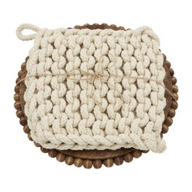 Mud Pie Brown Beaded Trivet & Crochet Pot Holder Set, trivet 8" dia | holder 7" x 7"