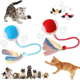 AUPJICX Interactive Cat Toys for Indoor Cats, Automatic Cat Toy with Elastic Mesh Tail, Electric Rolling Ball on Carpet, Chirping and Motion Activate Cat - 2Pcs Red & Blue