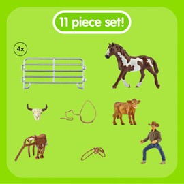 Schleich Farm World, Rodeo Toys for Kids, Team Roping with Cowboy, Cow, and Horse, 11-piece set, Ages 3+