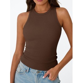 Trendy Queen Womens Tank Tops Summer Workout Racerback Ribbed Shirts Beach Vacation Outfits Spring Fashion Y2k Clothes Coffee XL