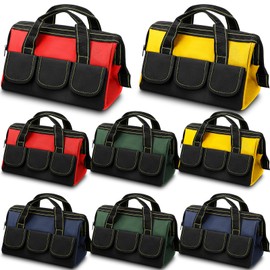 Silkfly 8 Pcs Tool Bags for Men Heavy Duty with Waterproof Hard Bottom Wide Mouth Large Tool Tote Bag Multi Pockets Organizer Tools Kit for Electrician Carpenter Mechanic Dad Gifts(13 Inch)