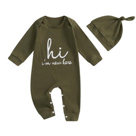 MERSARIPHY Newborn Baby Boy Girl Clothes Hi I'm New Here Coming Home From Hospital Outfits Gender Neutral One Piece Romper (Army Green, 6-12 Months)