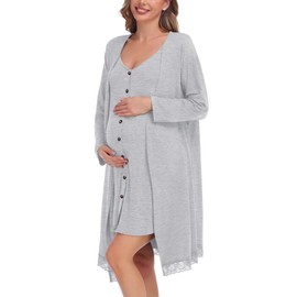 SWOMOG 3 in 1 Labor Delivery Nursing Pajamas Hospital Nightgown Breastfeeding Gown and Robe Set Maternity Pregnancy Robe for Women (Grey, X-Large)