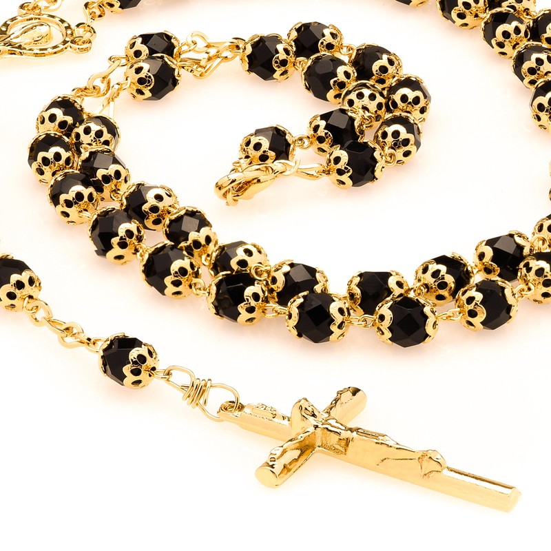 LIFETIME JEWELRY Gold Rosary Crucifix Necklace with Black Crystal Prayer