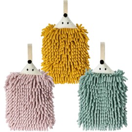 yaocoral 3 Pack Double-Sided Animal Chenille Hand Towels,Kitchen Hand Towels with Loops,Hanging Hand Towels for Bathrom,Quick Dry Cute Fuzzy Hand Towel (Pink Yellow Green)