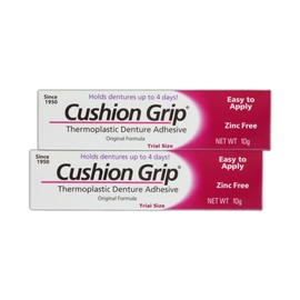 Cushion Grip Thermoplastic Denture Adhesive, 0.35 oz Travel Size (Pack of 2) | Refits and Tightens Loose Dentures On The Go | Non-Glue Adhesive, Acts Like a Soft Reliner