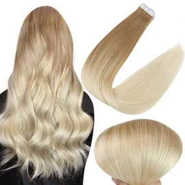 Full Shine Tape in Hair Extensions Human Hair Ombre Straight Hair Tape in Extensions Color 14 Fading to 60 Platinum Blonde Hair Extensions Tape in 50 Gram 20 Pieces