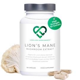 LOVE LIFE SUPPLEMENTS Organic Lions Mane Supplement High Strength, 2 Month Supply, 120 Capsules, Premium 8:1 Mushroom Extract from Fruiting Body, No Fillers, for Mental Clarity, Focus, Attention, Love Life Supplements