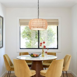 MEIXISUE Boho Chandeliers for Dining Room,Rattan Chandeliers with Fabric Shade,Farmhouse Dining Room Light Fixtures,Kitchen Island Lighting 5-Lights Hand Woven Drum Chandelier,18 in,UL Listed