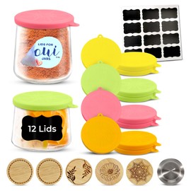 12 Pieces 100% Food-Grade Silicone Lids for Yoplait Oui Jar, Nounos Jars, La Fermiere Jars, or Weck Jars (Small Lids) | Excellent Leak-Proof, Air-Tight, Reusable Oui Jar Lids With 12 Reusable Labels