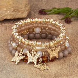 Azusa Sun 4 Pcs Cute Butterfly Charm Coffee Bracelets Set Gold Beaded Stackable Stretch Bracelets Bohemian Summer Jewelry Gifts for Women