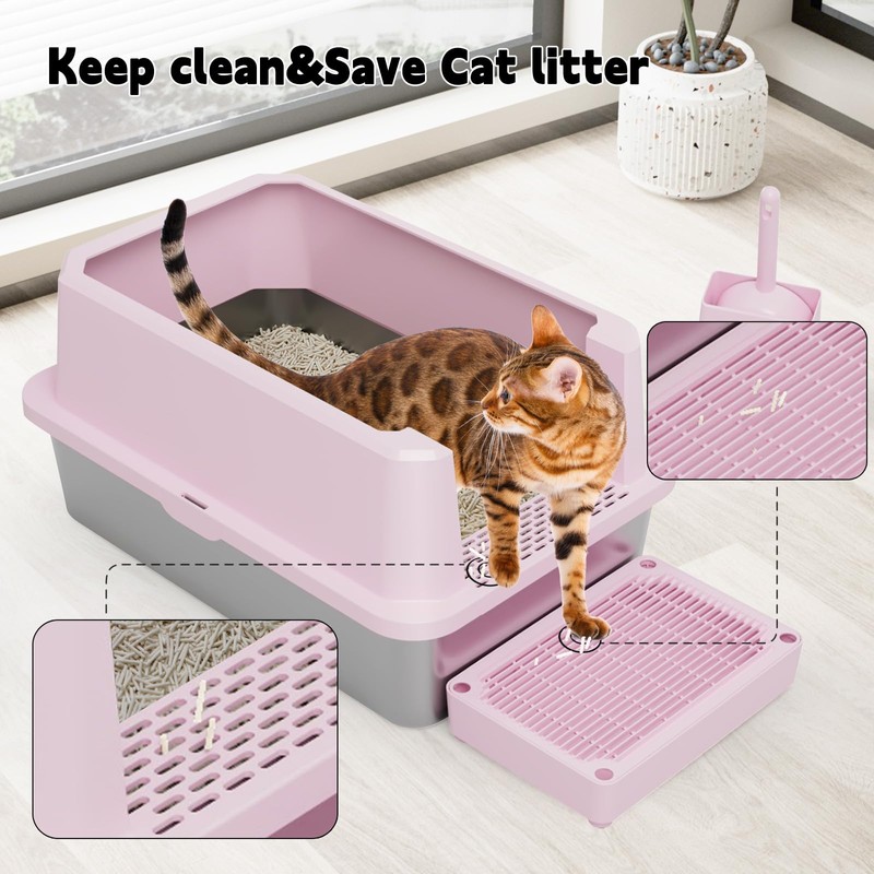 RIZZARI Large Cat Litter Box: Pink Semi-Closed Stainless Steel Litter