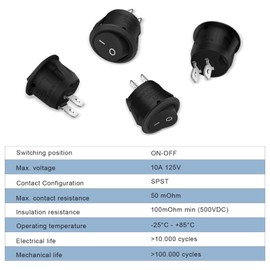 10 Pcs Black Round Rocker Switch, ON/Off Mini Round Toggle Switch AC 6A/250V 10A/125V SPST 2 Pin Car Switches for Car, Boat, Homehold Application