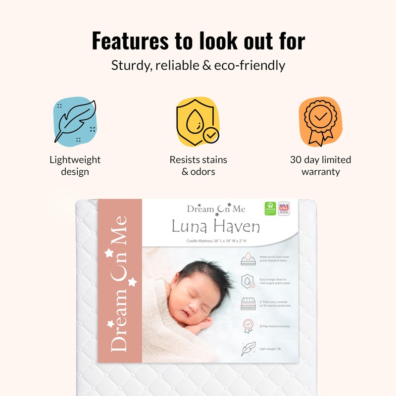 Dream On Me Luna Haven 2" Cradle Mattress, Waterproof Cover,