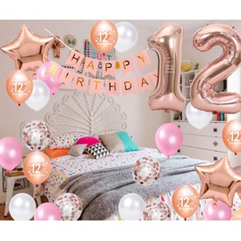 12th Birthday Party Balloons Decorations Rose Gold for Girls, 12th Birthday Banner Rose Gold Number 12 Birthday Foil Balloons Confetti Balloons for Girls Her Daughter 12 Year Old Birthday (12th)
