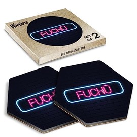 2 x Hexagon Coasters - Neon Sign Design Fuchū City Japan Cork Backed MDF Glossy Tea Coffee Accessory #350968