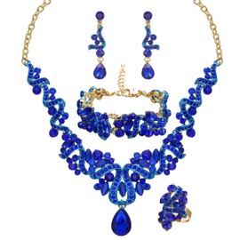 QYJ Women's Jewelry Set Rhinestone Crystal Bride Statement Snake Necklace Link Bracelet Teardrop Dangle Earrings Set for Wedding Party Gifts fit with Wedding Dress(Set001-Style2-Blue-Gold Plated)