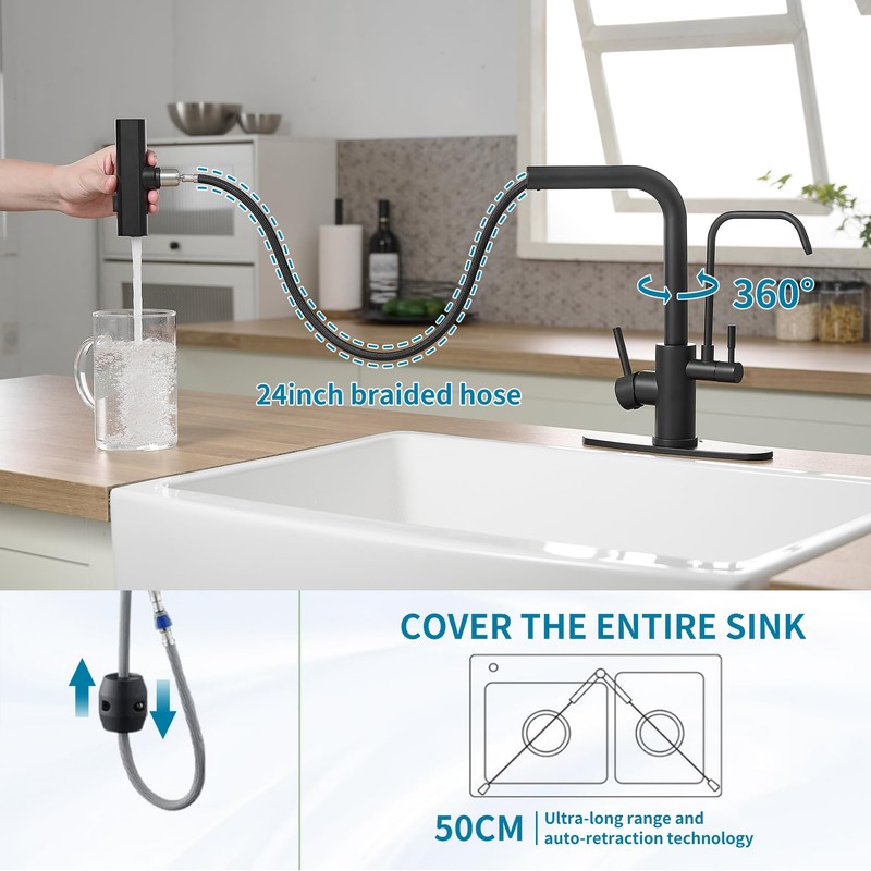 Black Kitchen Faucets with Water Filter and Pull Down Sprayer,Waterfall