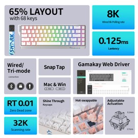 GK GAMAKAY x NaughShark NS68 Hall Effect Rapid Trigger Gaming Keyboard, Bluetooth/USB-C/2.4GHz 8KHz Polling Rate 0.01mm RT Snap Tap, Outemu Peach Crystal Magnetic Switch Keyboard (White-Shine Through)