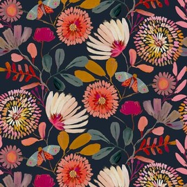 Wallpaper Peel and Stick Floral Wall Paper Removable Waterproof Navy/Pink/Orange Contact Paper for Bedroom, Bathroom,Bathroom, Home Wall 17.3" x 118"
