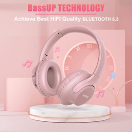 KVIDIO Bluetooth Headphones Over Ear, 65 Hours Playtime Wireless Headphones with Microphone, Foldable Lightweight Headset with Deep Bass,HiFi Stereo Sound for Travel Work PC Cellphone (Pink)
