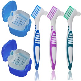 Kit de limpieza de prótesis dentales de 5 piezas: incluye 3 cepillos, 2 estuches con colador y tapa (azul oscuro y azul claro).