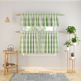 NATUS WEAVER 3 Pc Cotton Classic Country Farmhouse Kitchen Window Curtain -Mint Green & White Buffalo Check Tier & Valance Set, 54" x 18" / 27" x 24"