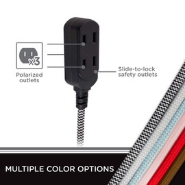 Cordinate Designer 3-Outlet Extension Cord, 8 Ft Braided Cable, 2-Prong Power Strip, Slide-to-Lock Safety, Low-Profile Flat Plug, Polarized, ETL Listed, Black/White, 39984