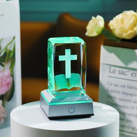 YWHL 3D Crystal Cross Figurine with Colorful Light Base, Laser Engraved Bible Religious Gifts for Women Men, Christian Collectible Decoration for Home Office