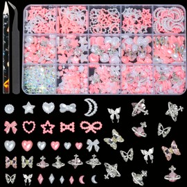DZHILHMX Assorted Nail Charms - 3D Multi Shapes Size, Flat Back Rhinestones, Planet, Butterfly, White Pink Pearl, Bow, with Kit, for Nail Art
