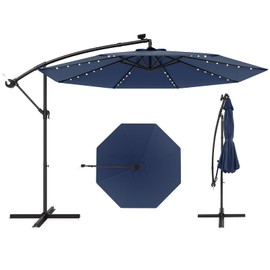 Tangkula 10 Ft Patio Offset Umbrella, 40 LED Lighted Market Umbrella W/8 Sturdy Ribs, Easy Tilt Adjustment & Crank, Polyester Shade, Ideal for Backyard, Garden, Seaside, Store, Pool (Blue)