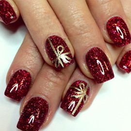 Christmas Bling Red Press on Nails Short Square Fake Nails with Gold Glitter Bow Designs Xmas Gift Red Glitter False Nails Winter Xmas Glue on Nails Artificial Stick on Nails for Women Girls 24Pcs